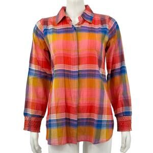 Soft Surroundings Top Women XS Sansonne Oversized Rainbow Plaid 100% Cotton Boho